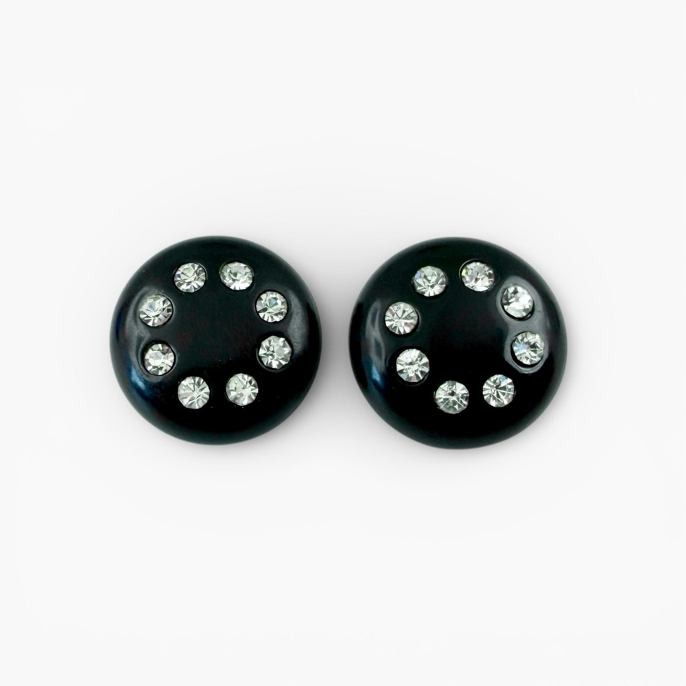 Vintage Black Bakelite Rhinestone Earrings, Art Deco Button Clips, Mid Century